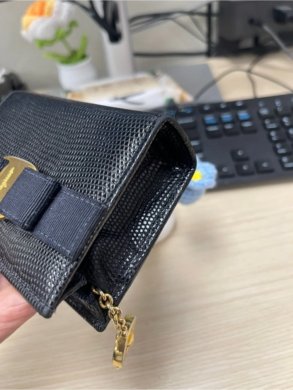 Salvatore Ferragamo Navy Vara Bow Leather Gold Accent Coin Purse w/Key Attchment
